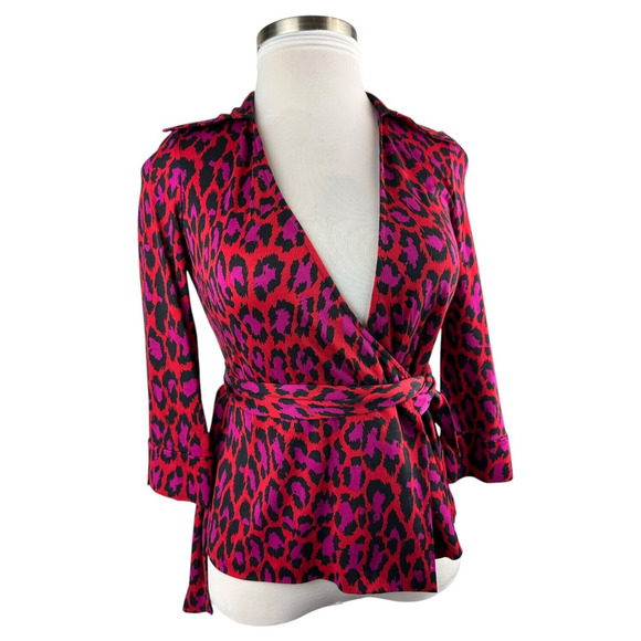 Diane Von Furstenberg Vintage Jill Top Silk Wrap Leopard Print Blouse Size 8 - Picture 2 of 15